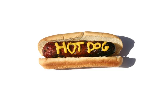 Cachorro Com Texto Escrito Mostarda Amarela Cachorros Quentes Para Almoço — Fotografia de Stock