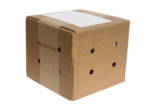 Versandbox Karton Vorhanden Isoliert Auf Weiß Lebende Tiere Transportkiste Paket — Stockfoto