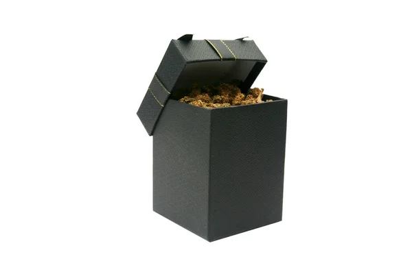Marihuana Cannabis Eine Geschenkbox Gefüllt Mit Cannabis Sativa Schwarze Geschenkschachtel — Stockfoto