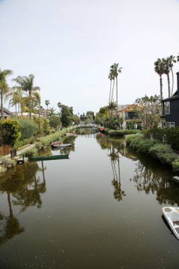 Venice California - 3-18-2023. Venice Kanal Tarihi Bölgesi. Los Angeles, Kaliforniya 'nın Venedik banliyösünde gömülü. İnsan yapımı sulak arazi kanalları, 1905 'te inşa edilmiş Venedik' e eşsiz bir tarih kazandırıyor.
