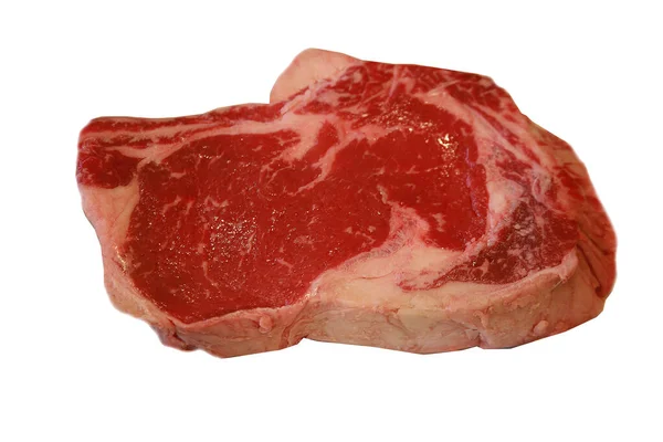 ステーキだ ビーフステーキ 赤い肉 ジューシーな中牛リブアイステーキ 生肉を閉じます — ストック写真