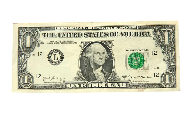 Ένα Χαρτονόμισμα Δολαρίου Ηπα Απομονωμένο Στα Λευκά — Φωτογραφία Αρχείου