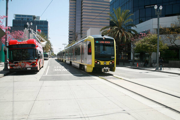 Long Beach, California - USA - March 15, 2021: Los Angeles Metro Blue Line in Downtown Long Beach California. Metrolink Train System transports people around in Southern California. Editorial use only