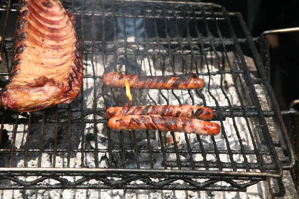 Meat Barbecue Grill Steak Ribs Bacon Wrapped Hot Dogs Meats — Stock Photo, Image