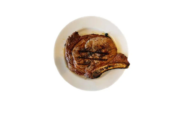 Ζεστό Φρέσκο Ψητό Χωρίς Κόκαλα Rib Eye Steak Απομονωθεί Λευκό — Φωτογραφία Αρχείου