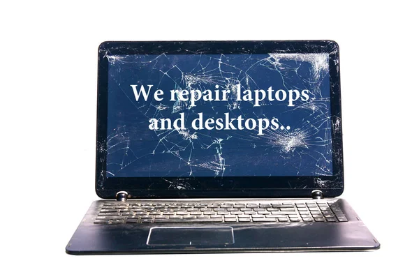 Laptop Computer Broken Cracked Screen Isolated White Room Text Computer — Stock Photo, Image