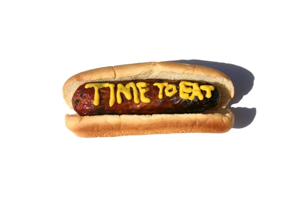 Hotdog Mit Text Yellow Senf Geschrieben Hotdogs Zum Mittagessen Isoliert — Stockfoto