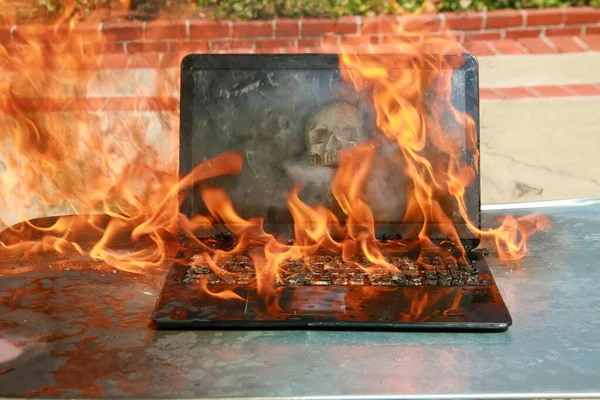 Burning Laptop Keyboard Equipment Fire Due Faulty Battery Wiring Laptop — Stock Photo, Image