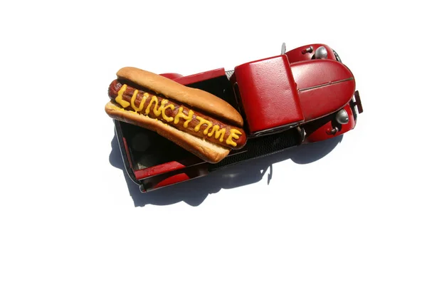 Hotdog Words Lunch Time Written Yellow Mustard Hotdogs Lunch Isolated — Stock Photo, Image