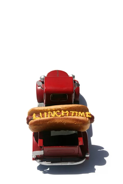 Hotdog Con Las Palabras Hora Del Almuerzo Escritas Mostaza Amarilla —  Fotos de Stock