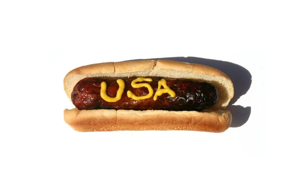 Hotdog Med Texten Skriven Gul Senap Varmkorv Till Lunch Isolerad — Stockfoto