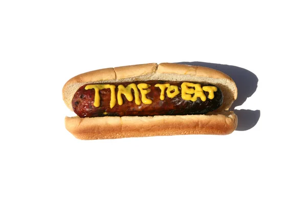 Hotdog Med Texten Skriven Gul Senap Varmkorv Till Lunch Isolerad — Stockfoto