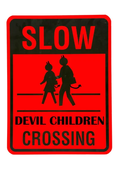 Slow Devil Children Crossing Metal Caution Sign Slow Devil Children — Stock Photo, Image