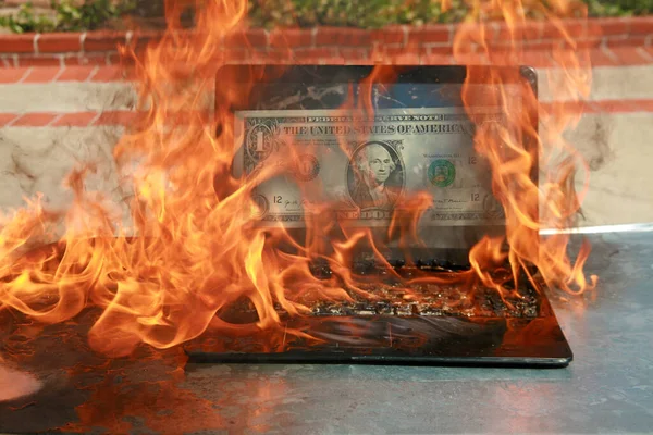 Burning Laptop Keyboard Equipment Fire Due Faulty Battery Wiring Laptop — Stock Photo, Image