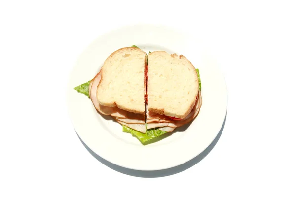 Sandwich Casero Con Pavo Ahumado Lechuga Tomate Queso Plato Blanco — Foto de Stock