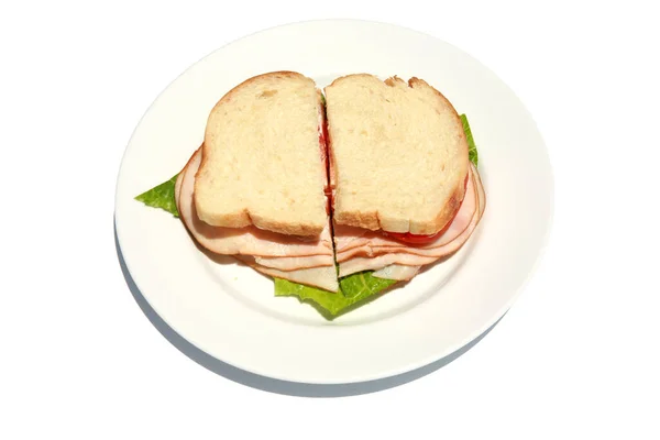 Sandwich Casero Con Pavo Ahumado Lechuga Tomate Queso Plato Blanco —  Fotos de Stock