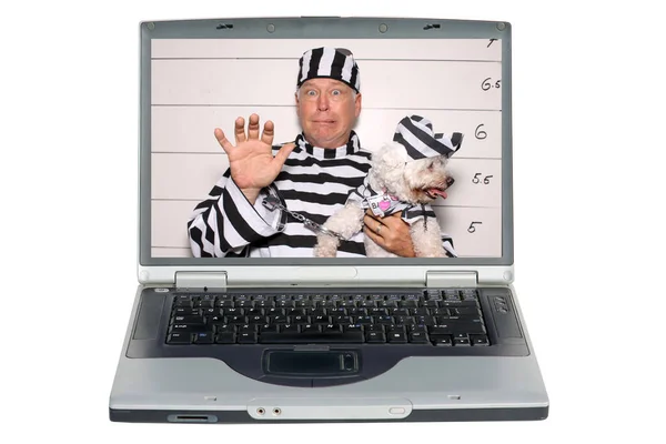 Laptop Screen Man His Dog Arrest Booking Station Prison — Stock Photo, Image