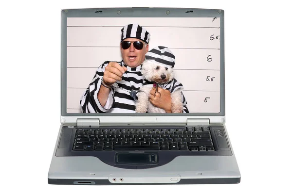 Laptop Screen Man His Dog Arrest Booking Station Prison — Stock Photo, Image