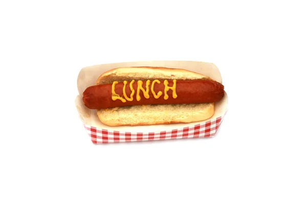 Comida Basura Americana Hot Dog Con Salchicha Mostaza Almuerzo Texto —  Fotos de Stock