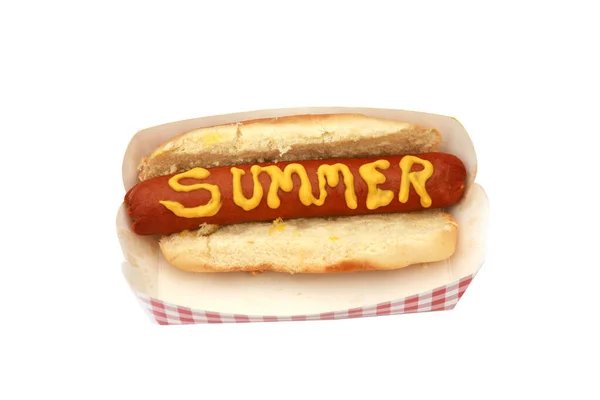 Cachorro Quente Com Salsicha Mostarda Texto Verão — Fotografia de Stock