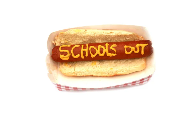 Hot Dog Sausage Mustard Written Text Schools Out — Stock Photo, Image