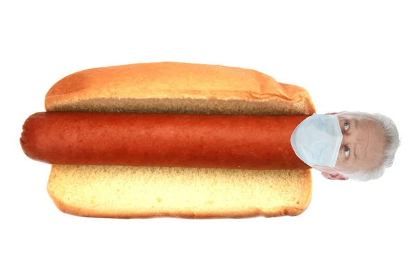 Hot Dog Párkem Hlavou Starého Muže Lékařské Masce — Stock fotografie