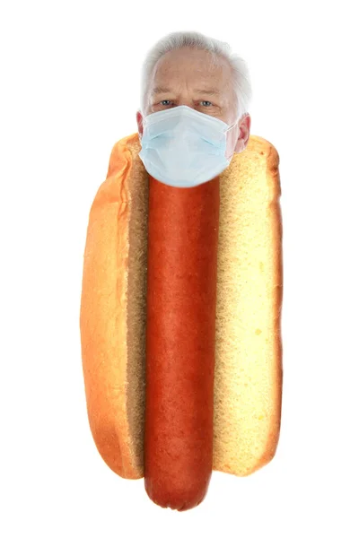 Hot Dog Mit Wurst Und Greis Kopf Mit Medizinischer Maske Stockbild