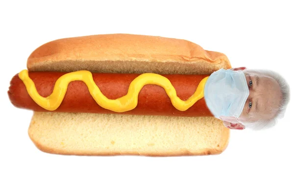 Hot Dog Mit Wurst Und Greis Kopf Mit Medizinischer Maske lizenzfreie Stockbilder
