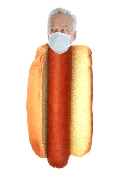 Hot Dog Mit Wurst Und Greis Kopf Mit Medizinischer Maske Stockfoto