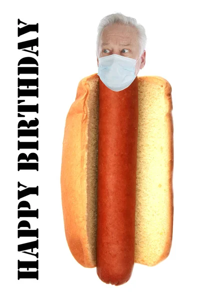 Hot Dog Mit Wurst Und Greis Kopf Mit Medizinischer Maske lizenzfreie Stockfotos