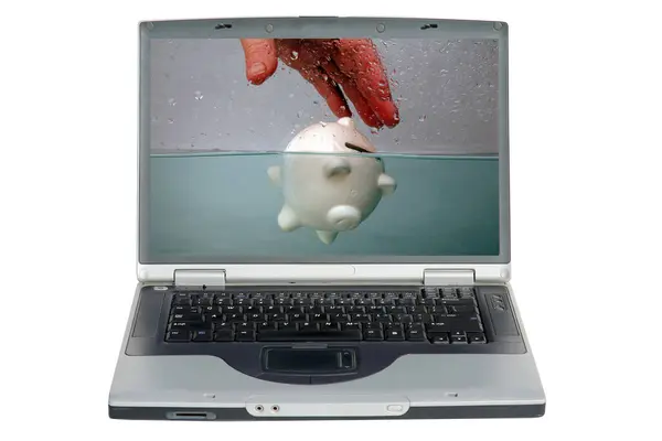 Laptop Computer Piggy Bank Floating Dark Murky Water Drowning Debt — Stock Photo, Image