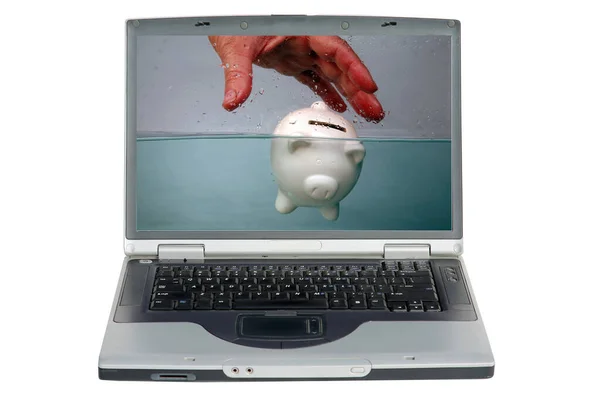 Laptop Dator Med Spargris Som Flyter Mörkt Skumt Vatten Drunknar — Stockfoto