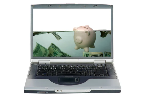 Laptop Komputer Skarbonką Banknotami Pływającymi Ciemnej Mętnej Wodzie Tonę Długach — Zdjęcie stockowe