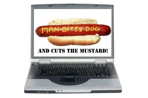 Laptop Computer Hot Dog Slogan Written Yellow Mustard Man Bites — Stock Photo, Image