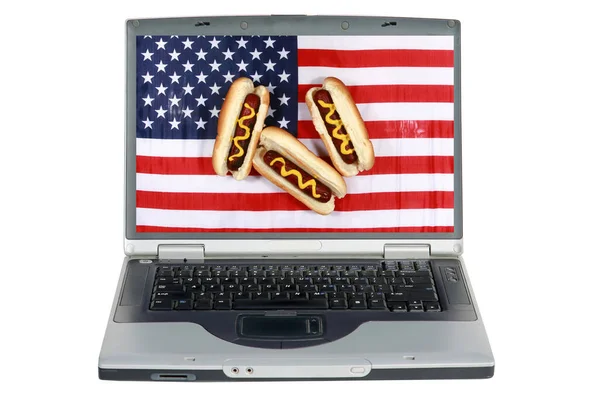 Laptop Computer Classic American Hot Dogs American Flag Fourth July — Stock Photo, Image