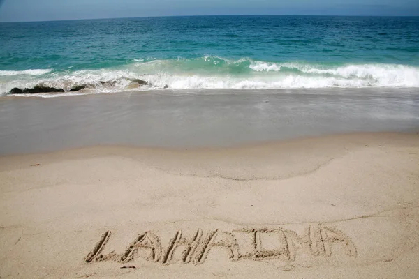 Name Lahaina Written Sand Beach Pacific Ocean Background — Stock Photo, Image