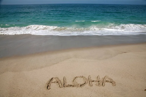 The word ALOHA written in the sand on the beach in Hawaii.