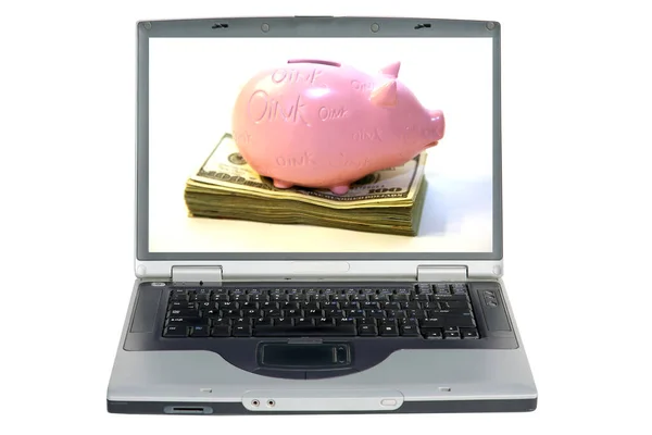 Tela Laptop Com Banco Porquinho Com Dinheiro — Fotografia de Stock