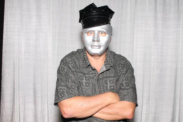 Handsome Middle Aged Man Black Latex Hat Silver Mask Posing — Stock Photo, Image