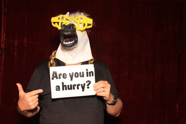 Man Wearing Rubber Horse Head Mask Poses Holds Props While — Stock Photo, Image