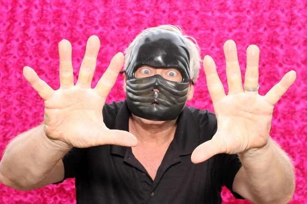 Portrait Senior Man Wears Black Mask Shows His Open Palms — Stock Photo, Image