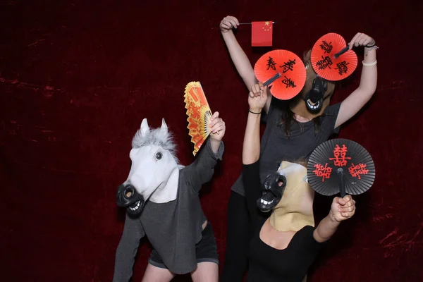 Unidentifiable People Wear Horse Head Masks Pose Play While Pictures — Stock Photo, Image