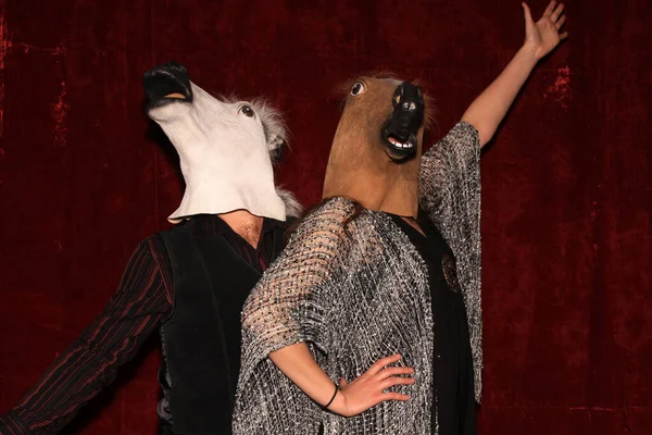 Unidentifiable People Wear Horse Head Masks Pose Play While Pictures — Stock Photo, Image