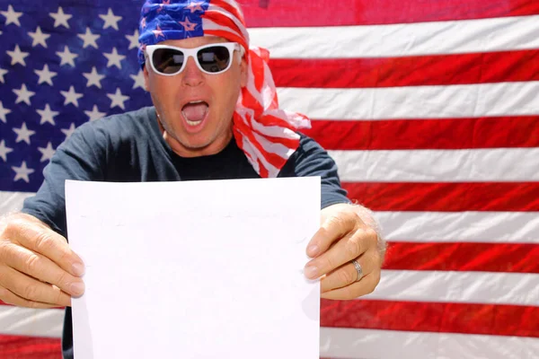 Photo Booth Man Holds Blank White Sign While Posing Smiling — Stock Photo, Image