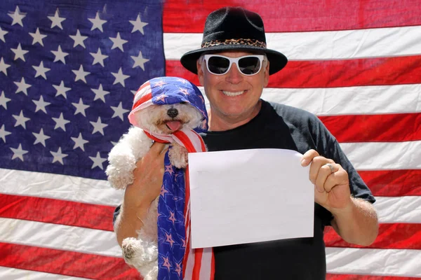 Man Smiles Holds His Blank Sign Happy Bichon Frise Dog — Stock Photo, Image