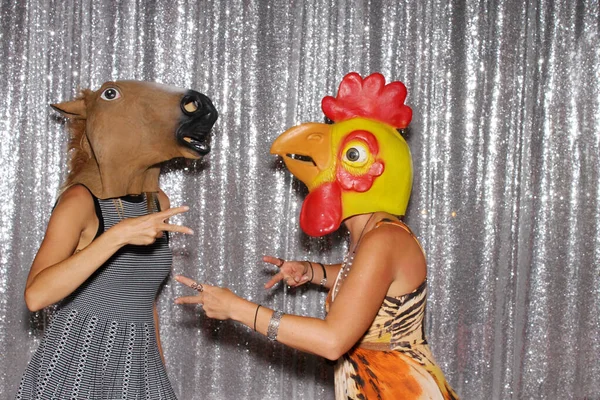 Two People Wear Animal Head Masks Pose Pictures While Photo — Stock Photo, Image