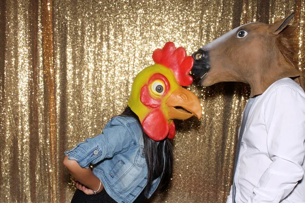 Two People Wear Animal Head Masks Pose Pictures While Photo — Stock Photo, Image