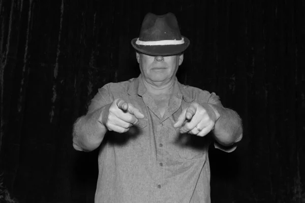 Senior Man Black Hat Pointing Camera Fingers — Stock Photo, Image