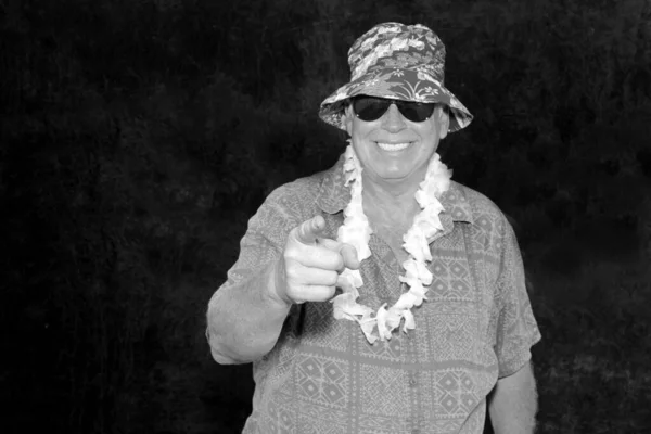 Portrait Happy Senior Man Tourist Hat Sunglasses — Stock Photo, Image