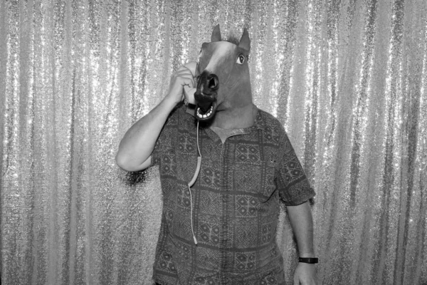 Man Wearing Rubber Horse Head Mask Poses Holds Props While — Stock Photo, Image